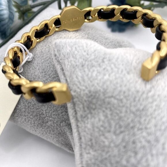 NWT Tory Burch Gold Logo,Black Leather Braided cuff Bracelet - Picture 7 of 9